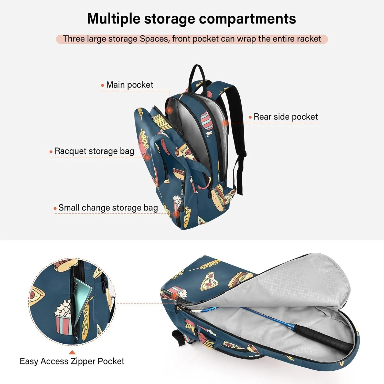 GAIGEO Cool Soccer Graffiti Pickleball Backpack, Multiple Storage Compartments Tennis Racket Backpack, Foldable Pocket