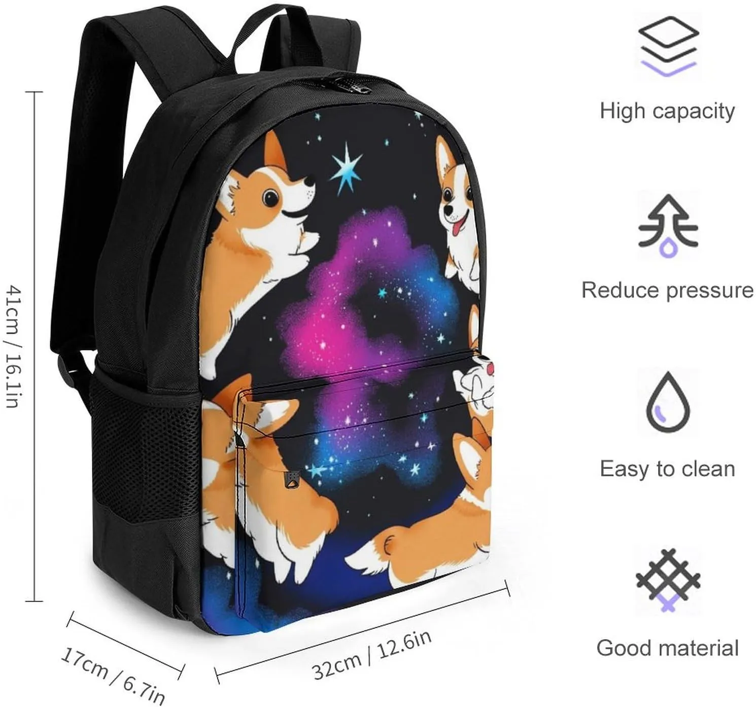 Galaxy Space Cute Corgi Running Art Shoulder Book Bags Polyester Multipurpose Anti-Theft Carry On Bag Large Capacity Travel Hiking & Camping Rucksack