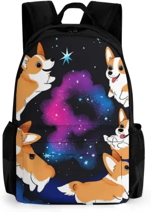 Galaxy Space Cute Corgi Running Art Shoulder Book Bags Polyester Multipurpose Anti-Theft Carry On Bag Large Capacity Travel Hiking & Camping Rucksack