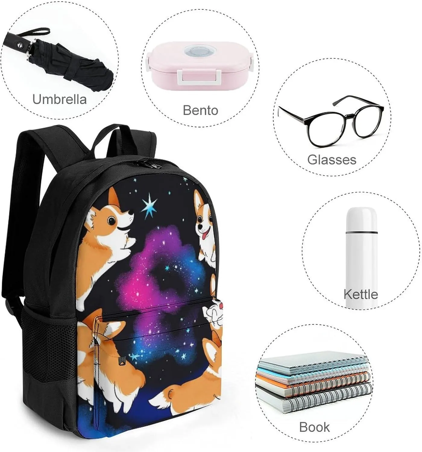 Galaxy Space Cute Corgi Running Art Shoulder Book Bags Polyester Multipurpose Anti-Theft Carry On Bag Large Capacity Travel Hiking & Camping Rucksack