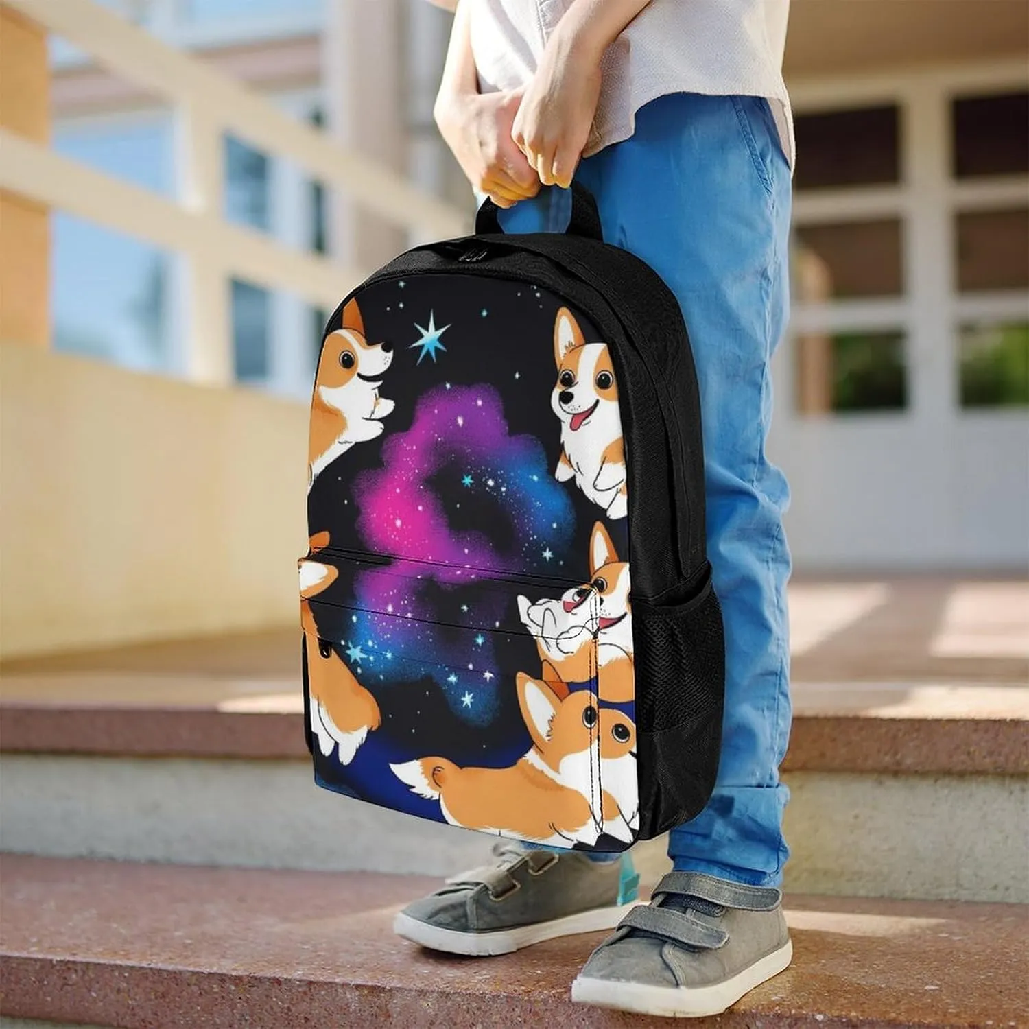 Galaxy Space Cute Corgi Running Art Shoulder Book Bags Polyester Multipurpose Anti-Theft Carry On Bag Large Capacity Travel Hiking & Camping Rucksack