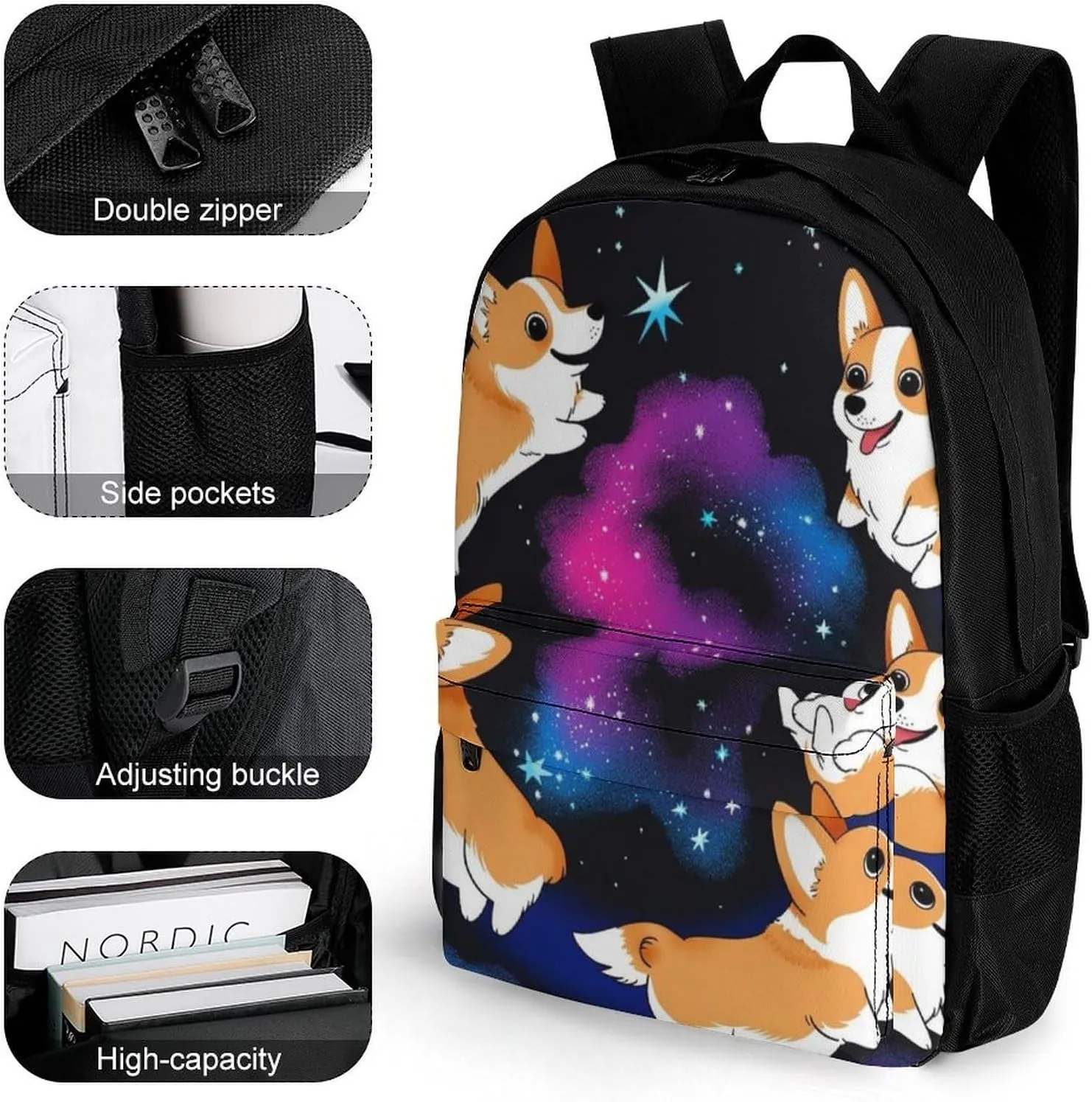 Galaxy Space Cute Corgi Running Art Shoulder Book Bags Polyester Multipurpose Anti-Theft Carry On Bag Large Capacity Travel Hiking & Camping Rucksack
