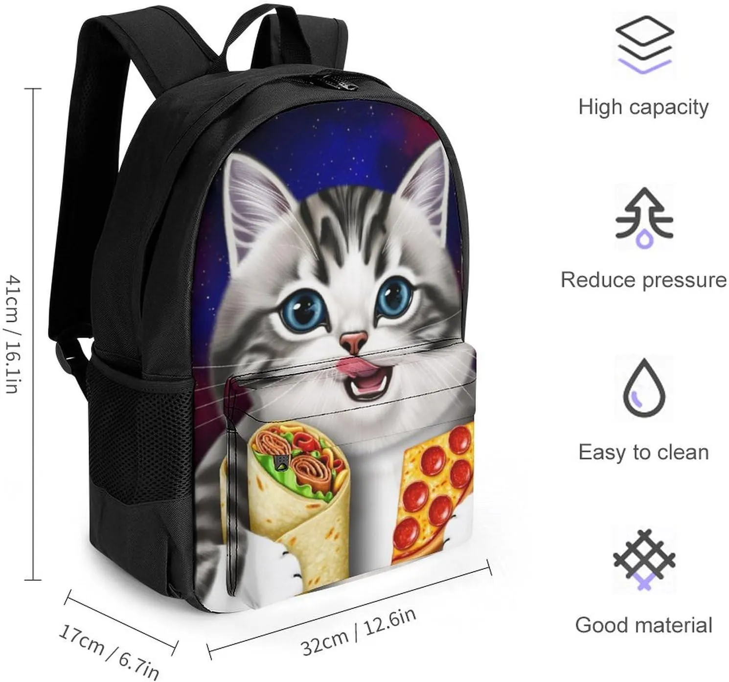 Galaxy Taco Cat Pizza Art Rucksacks Lightweight Multipurpose Anti-Theft Shoulder Bag Big Capacity Traveling & Camping Backpack With Side Pockets