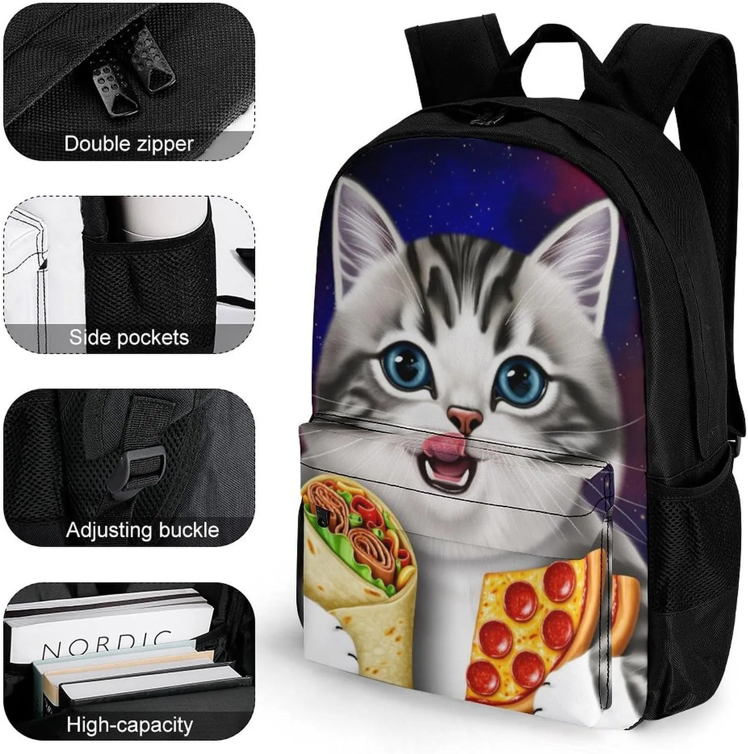 Galaxy Taco Cat Pizza Art Rucksacks Lightweight Multipurpose Anti-Theft Shoulder Bag Big Capacity Traveling & Camping Backpack With Side Pockets