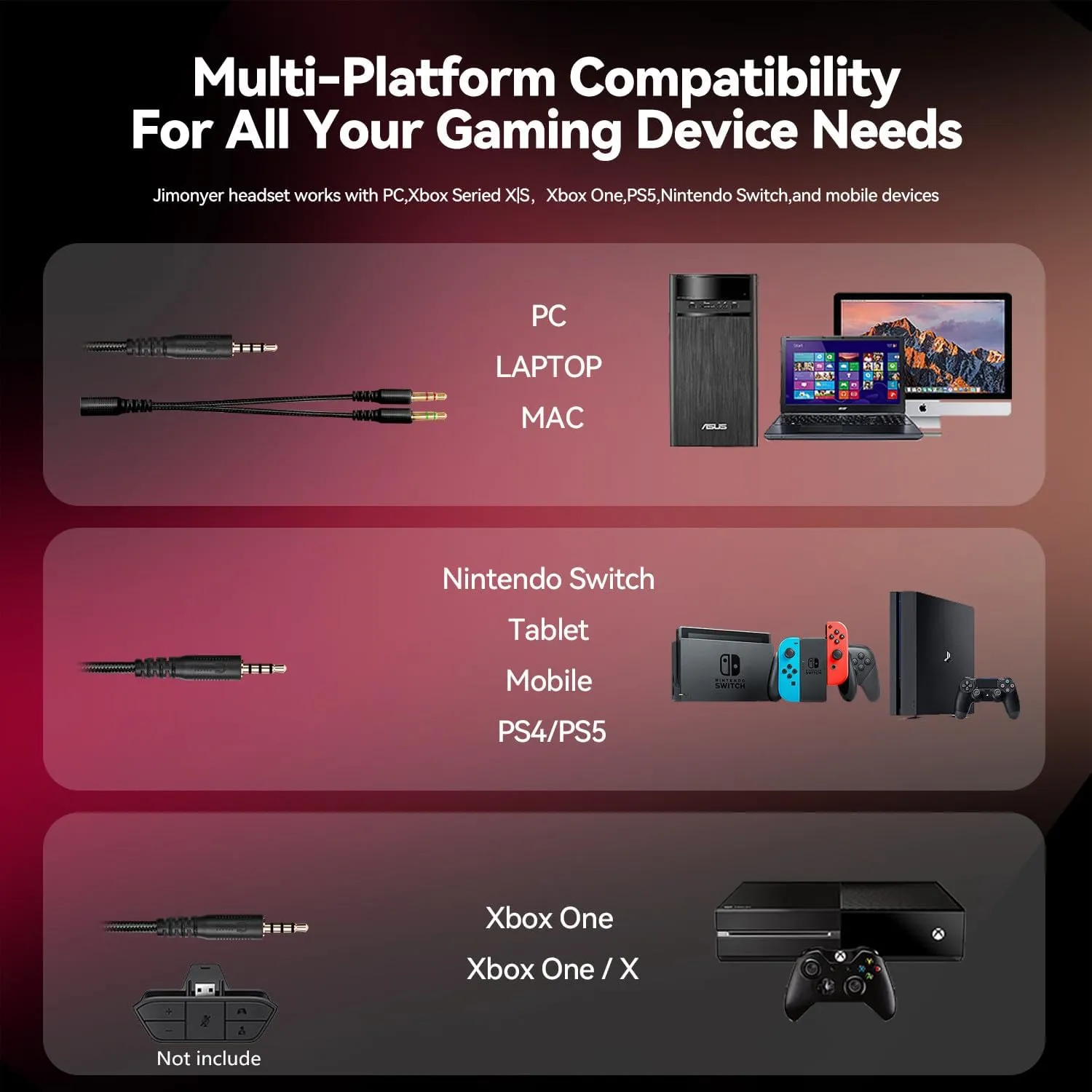 Gaming Headset for PC/PS4/PS5/Xbox One/Switch, Stereo Surround Sound Gaming Headphones with Noise Canceling Flexible Mic, Computer Headset with 3.5mm Jack & RGB Light(Red)