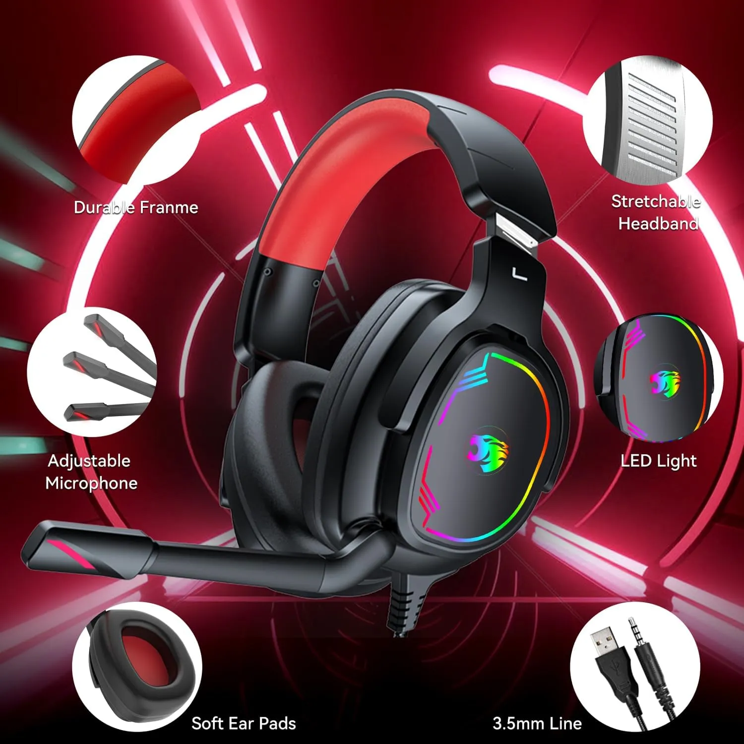 Gaming Headset for PC/PS4/PS5/Xbox One/Switch, Stereo Surround Sound Gaming Headphones with Noise Canceling Flexible Mic, Computer Headset with 3.5mm Jack & RGB Light(Red)
