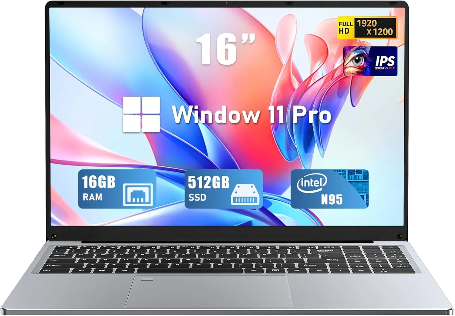 Gaming Laptop, 16 Inch FHD Display (1920 x 1200), N95 Laptop Computer (up to 3.4GHz), 16GB RAM 512GB SSD, Supports 180 Angle Opening, Bluetooth, Backlit Keyboard, Windows 11 Pro