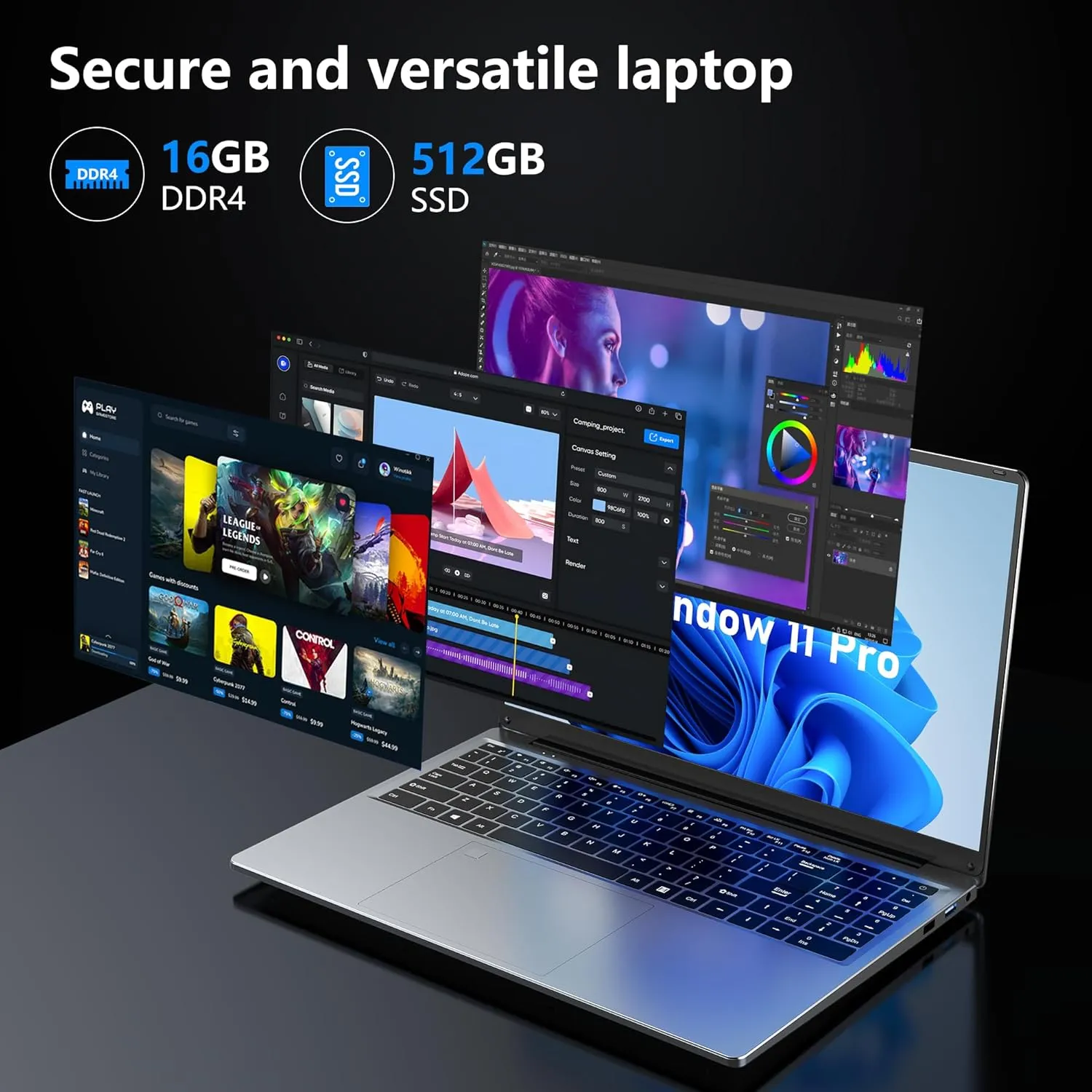 Gaming Laptop, 16 Inch FHD Display (1920 x 1200), N95 Laptop Computer (up to 3.4GHz), 16GB RAM 512GB SSD, Supports 180 Angle Opening, Bluetooth, Backlit Keyboard, Windows 11 Pro