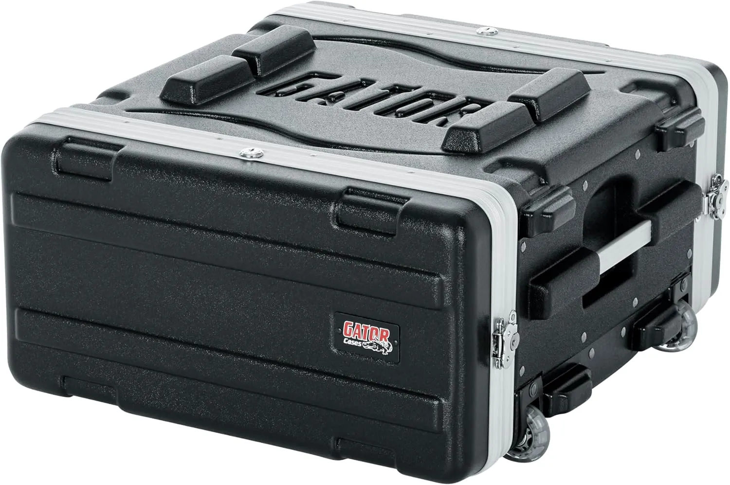 Gator Cases Lightweight Molded 4U Rack Case with Built-in Power Supply, Heavy Duty Latches, Retractable Tow Handle, and Recessed Wheels, 19.25" depth (GRR-4PL-US)