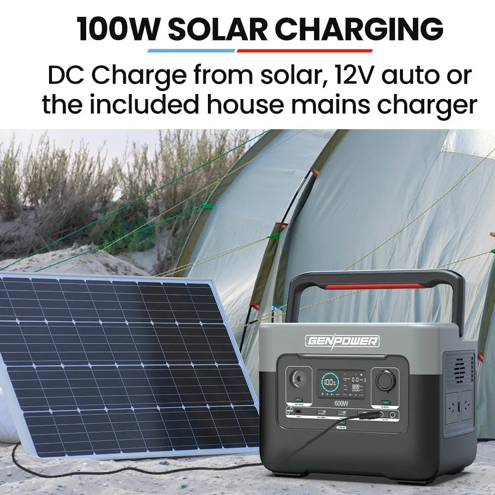GENPOWER 600W Portable Lithium Power Station 576Wh LiFePo4, Multiple Voltage Output, 15W Wireless Charger, Ideal for Camping, Home Backup and Power Tools