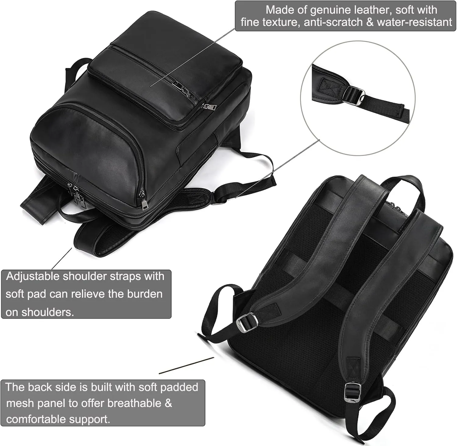 Genuine Leather Backpack Large Capacity Shoulder Bag for Men Women 15.6" Laptop Business Travel Outdoor Daypack with Trolley Sleeve