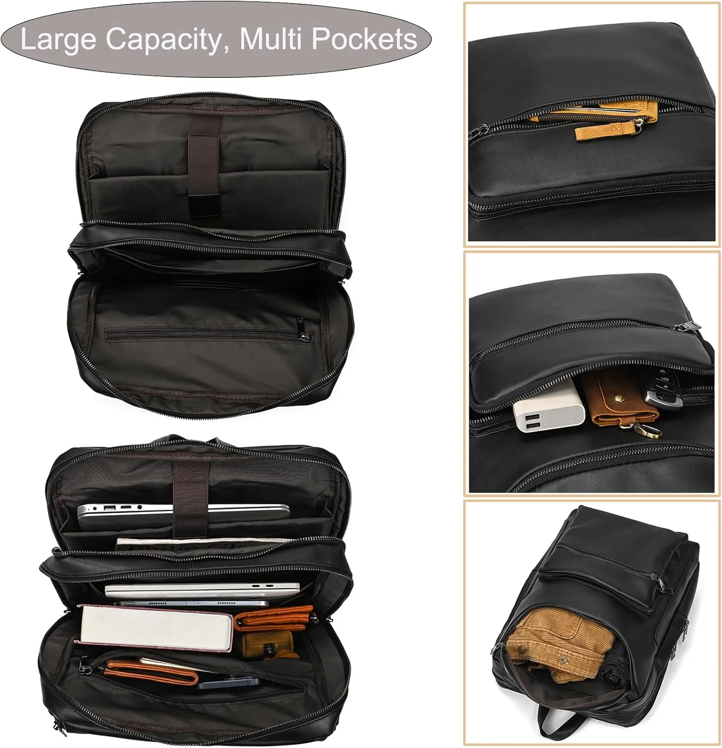 Genuine Leather Backpack Large Capacity Shoulder Bag for Men Women 15.6" Laptop Business Travel Outdoor Daypack with Trolley Sleeve