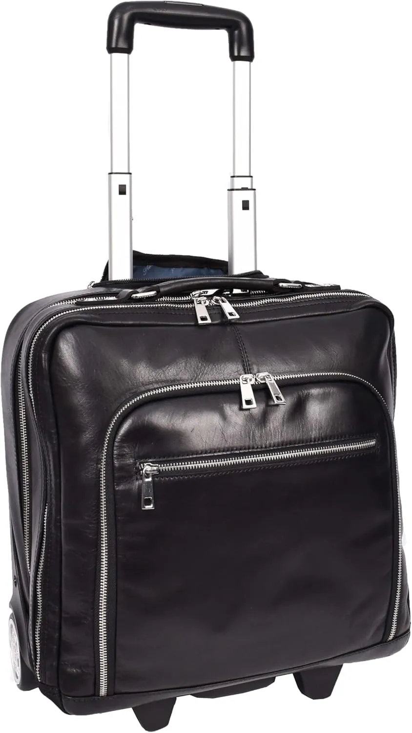 Genuine Leather Pilot Case with Wheels Telescopic Handle for Business Travel Bag Sussex, Black, M, Pilot Case