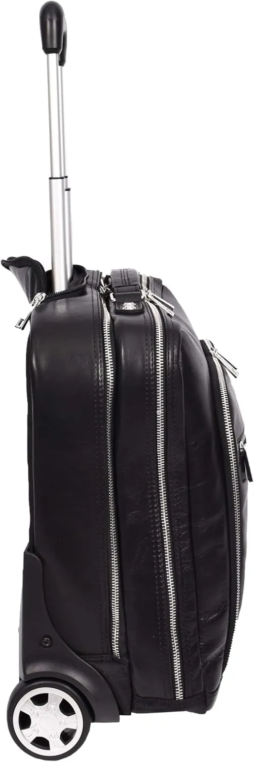 Genuine Leather Pilot Case with Wheels Telescopic Handle for Business Travel Bag Sussex, Black, M, Pilot Case