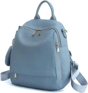 Genuine Leather Women's Small Zipper Backpack with Round Leather Coin Purse(Light Blue)