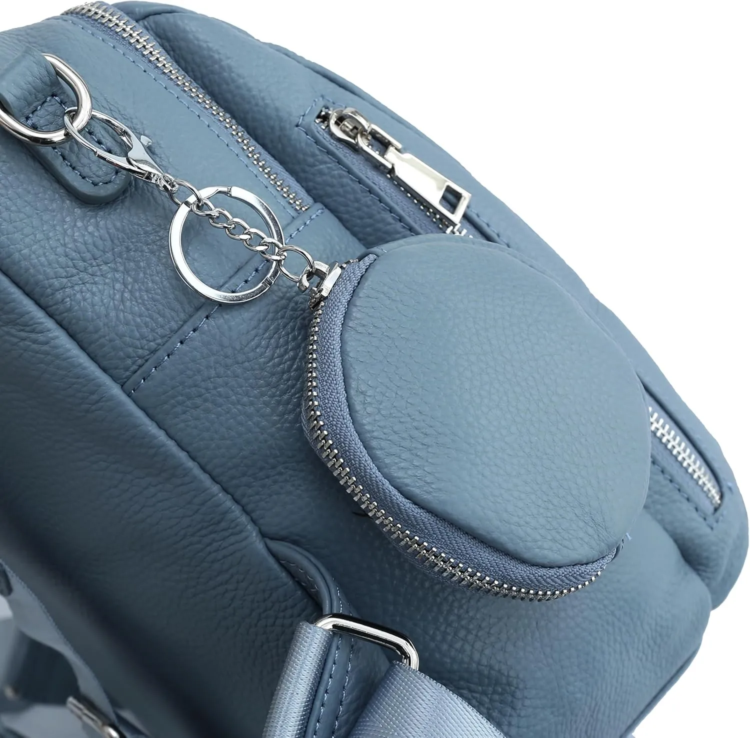 Genuine Leather Women's Small Zipper Backpack with Round Leather Coin Purse(Light Blue)