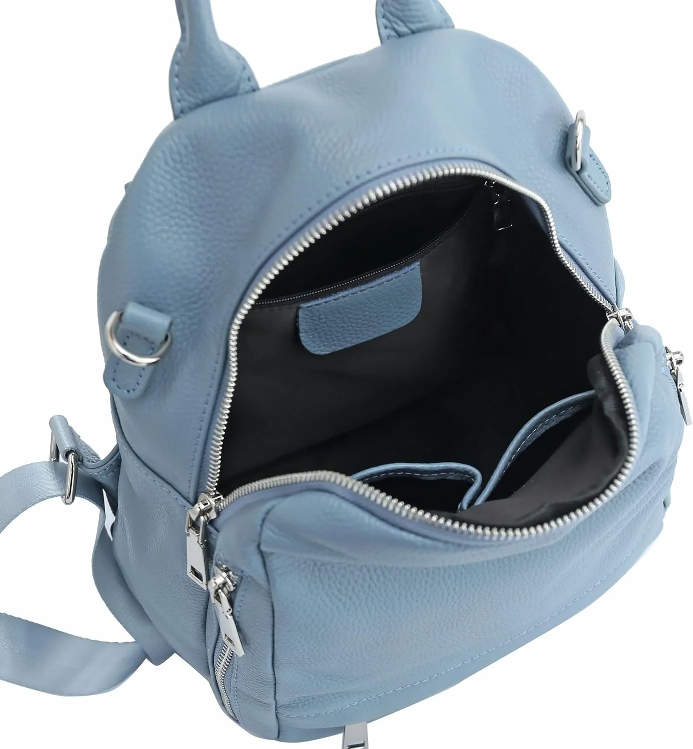 Genuine Leather Women's Small Zipper Backpack with Round Leather Coin Purse(Light Blue)