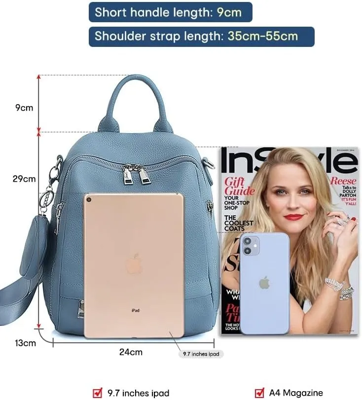 Genuine Leather Women's Small Zipper Backpack with Round Leather Coin Purse(Light Blue)