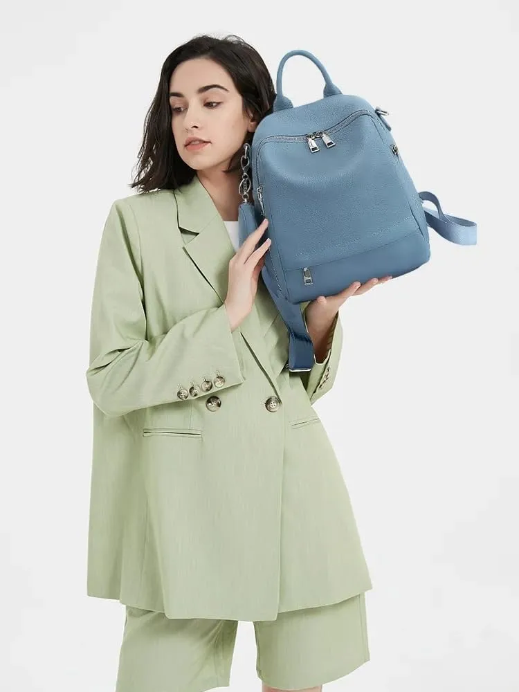 Genuine Leather Women's Small Zipper Backpack with Round Leather Coin Purse(Light Blue)