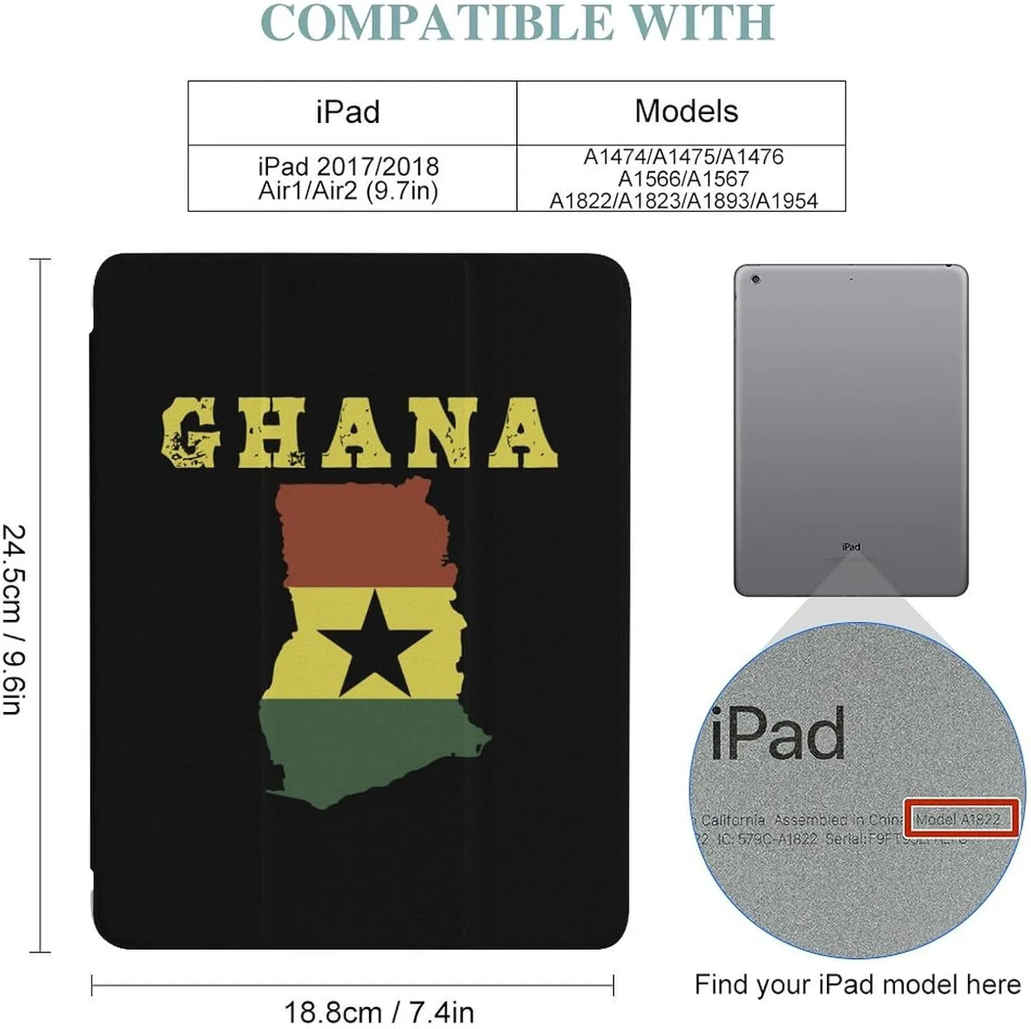 Ghana Flag Map Protective Case Compatible with Ipad 2017/2018/Air1/Air2/Air3/Pro with Pen Slot Kickstand