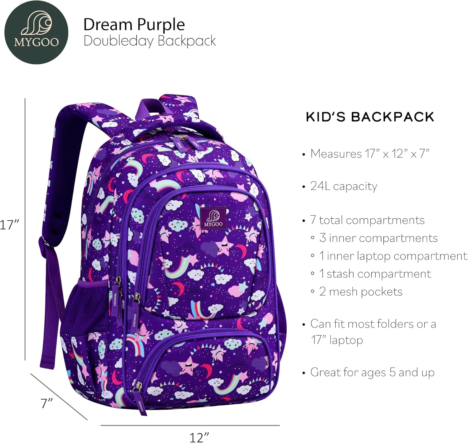 Girls Backpack - 17" Tall Large Elementary School Bag, Doubleday Collection, 24L Capacity, Dream Purple