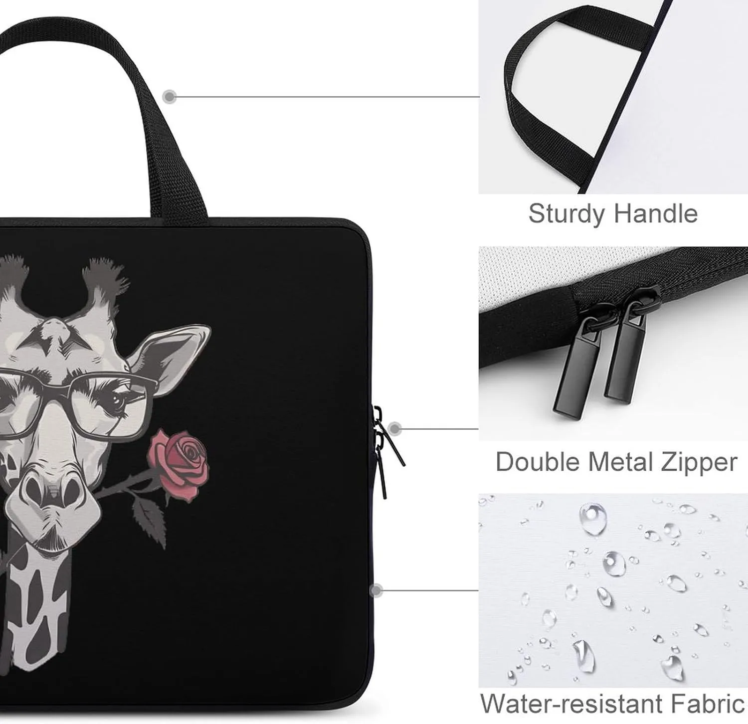 Glasses Giraffe Bite Rose Laptop Sleeve Bag Printed Protective Laptop Case Briefcase Handbag for 10/12/13/15/17 Inch