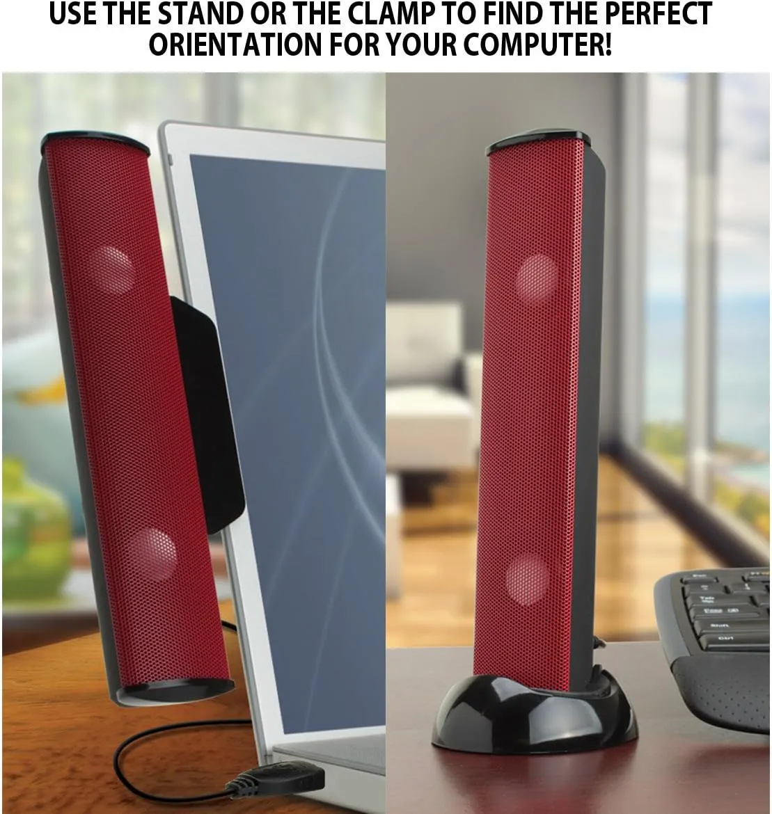 GOgroove SonaVERSE USB Speakers for Laptop Computer - USB Powered Mini Sound Bar with Clip-On Portable External Speaker Design for Monitor, One Cable for Digital Audio Input and Power (Red)