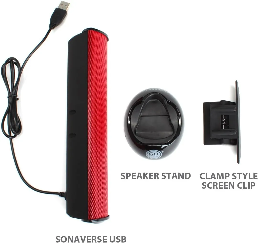 GOgroove SonaVERSE USB Speakers for Laptop Computer - USB Powered Mini Sound Bar with Clip-On Portable External Speaker Design for Monitor, One Cable for Digital Audio Input and Power (Red)