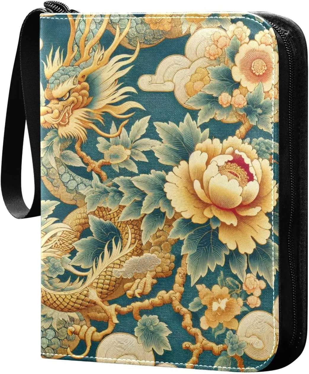 Golden Dragon Flying Peony Cloud Card Binder 4 Pocket Trading Card Album Fits 400 Sports/Game Cards, PU Cover 3 Ring Card Collection with 50 Removable Sleeves