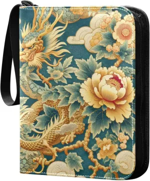 Golden Dragon Flying Peony Cloud Card Binder 4 Pocket Trading Card Album Fits 400 Sports/Game Cards, PU Cover 3 Ring Card Collection with 50 Removable Sleeves