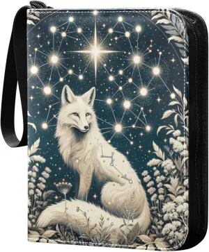 Golden Dreamy Galaxy Fox Card Binder 4 Pocket Trading Card Album Fits 400 Sports/Game Cards, PU Cover 3 Ring Card Collection with 50 Removable Sleeves
