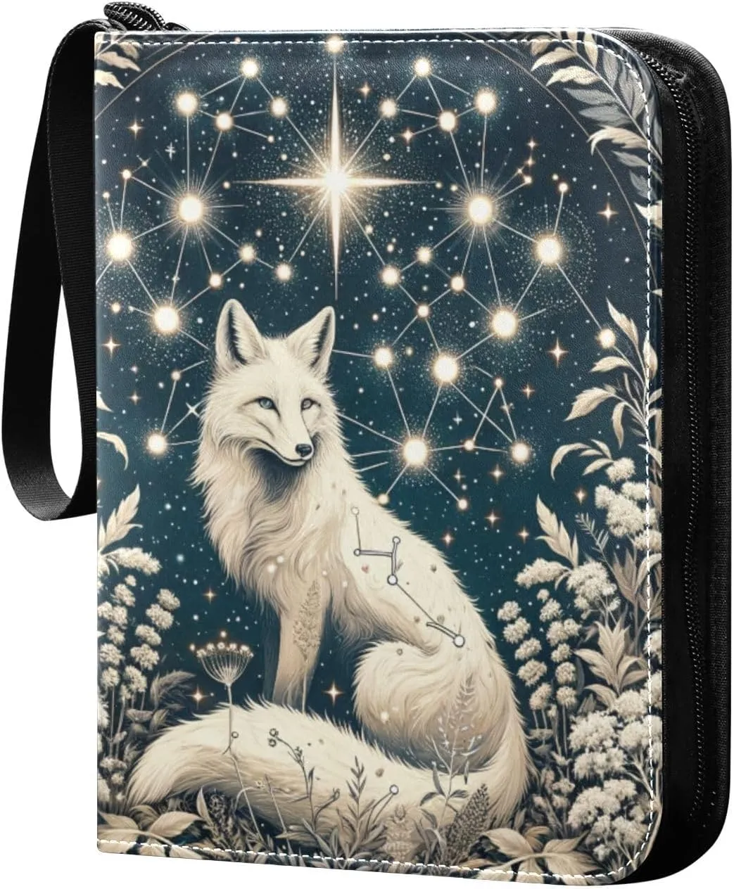 Golden Dreamy Galaxy Fox Card Binder 4 Pocket Trading Card Album Fits 400 Sports/Game Cards, PU Cover 3 Ring Card Collection with 50 Removable Sleeves