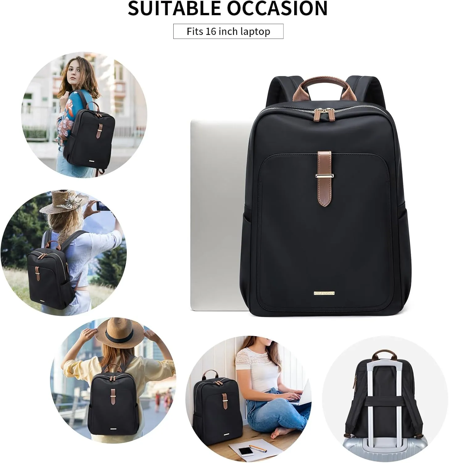 GOLF SUPAGS Laptop Backpack Purse for Women Fits 16 Inch Notebook Casual Daypack Work Travel College Bookbag Fashion Computer Bag (Black, 16 Inch)