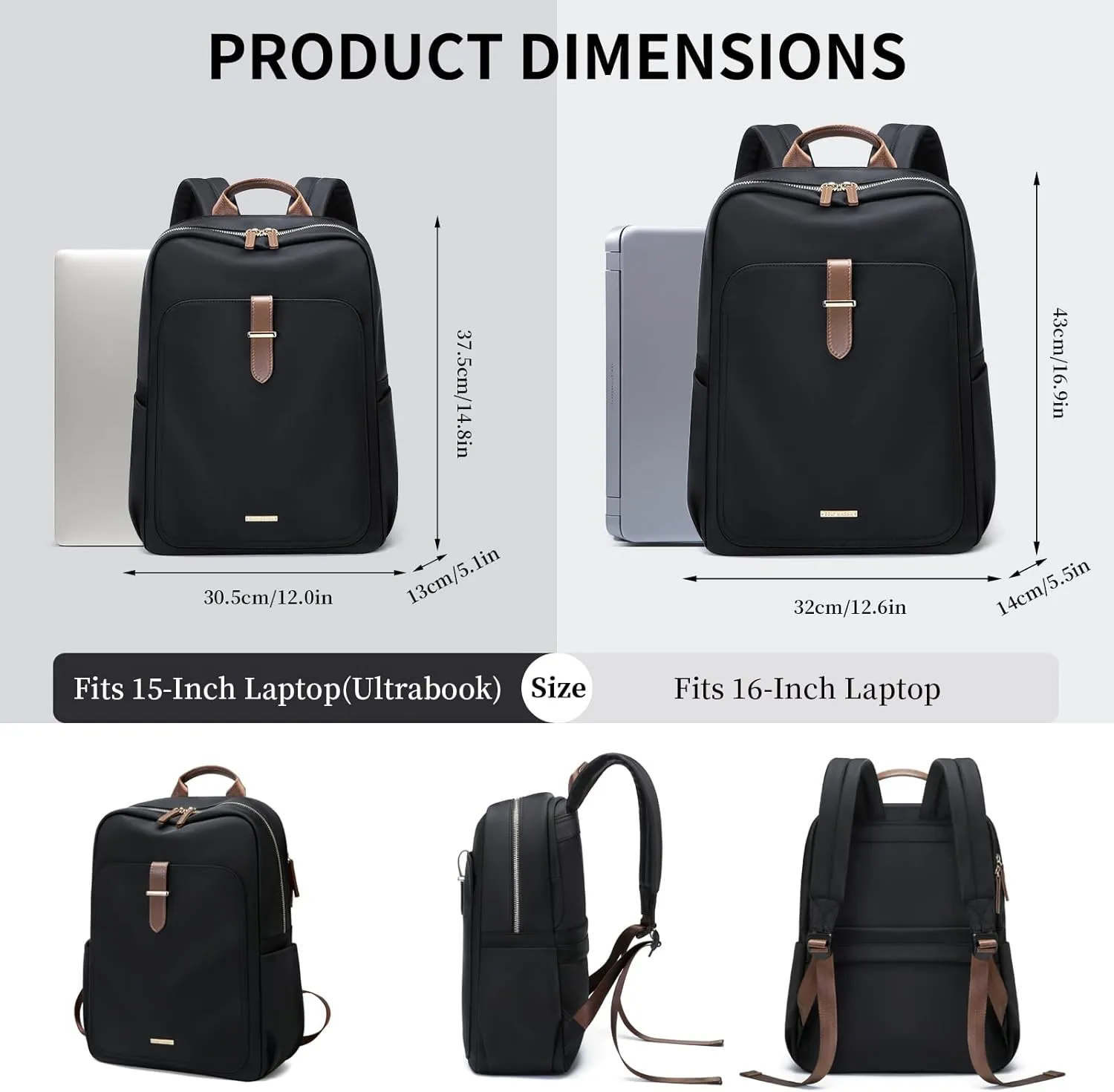 GOLF SUPAGS Laptop Backpack Purse for Women Fits 16 Inch Notebook Casual Daypack Work Travel College Bookbag Fashion Computer Bag (Black, 16 Inch)