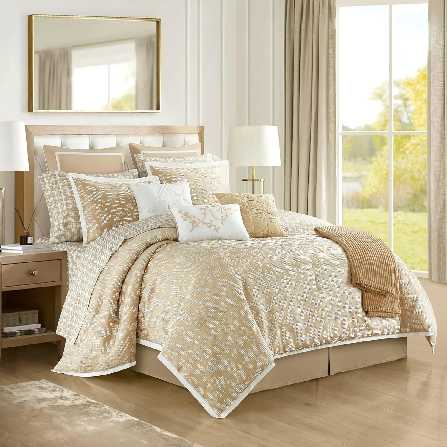 Grand Avenue Taupe Paisley Cal King Comforter Set, 14 Piece, Jacquard All Season Premium Bedding Set,1 Flat Sheet,1 Fitted Sheet, Pillow Shams Bedskirt
