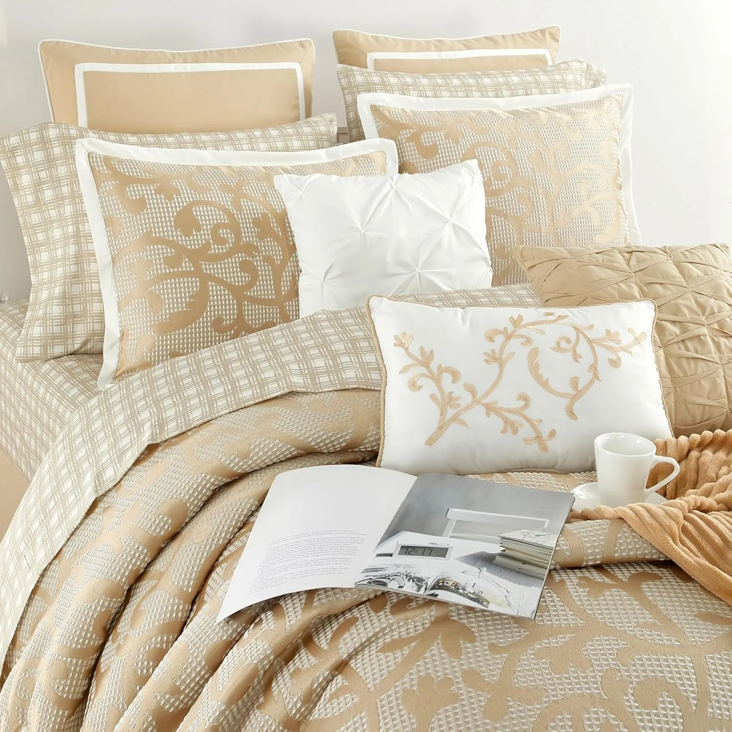 Grand Avenue Taupe Paisley Cal King Comforter Set, 14 Piece, Jacquard All Season Premium Bedding Set,1 Flat Sheet,1 Fitted Sheet, Pillow Shams Bedskirt