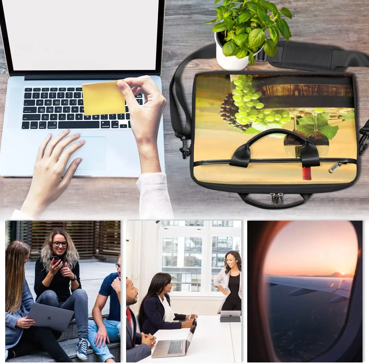 Grape Wine Bottle Laptop Shoulder Messenger Bag Waterproof Laptop Briefcase Handle Padded Strap