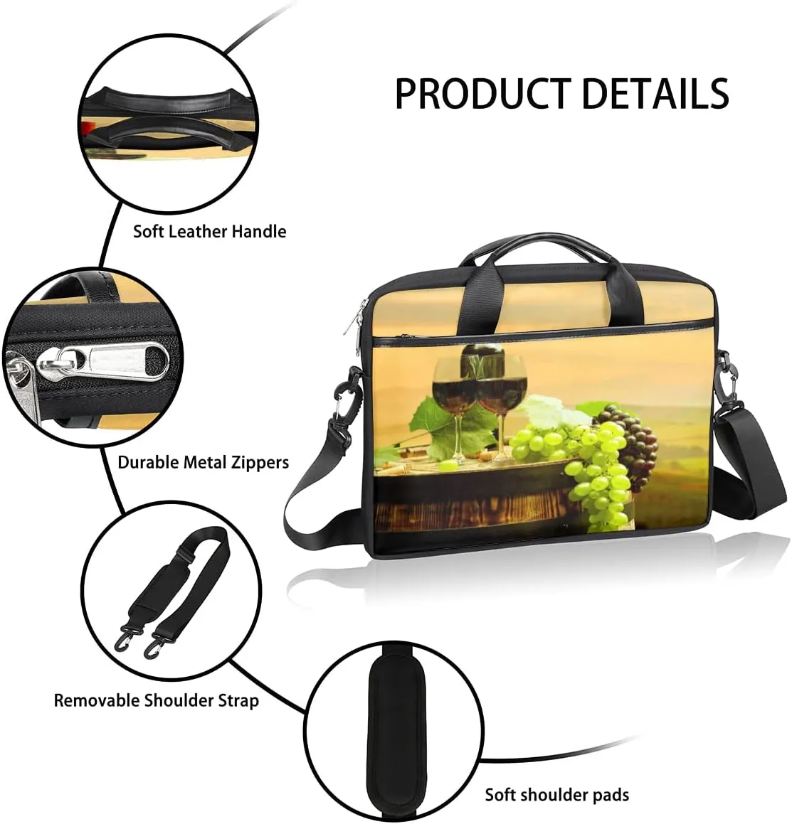 Grape Wine Bottle Laptop Shoulder Messenger Bag Waterproof Laptop Briefcase Handle Padded Strap