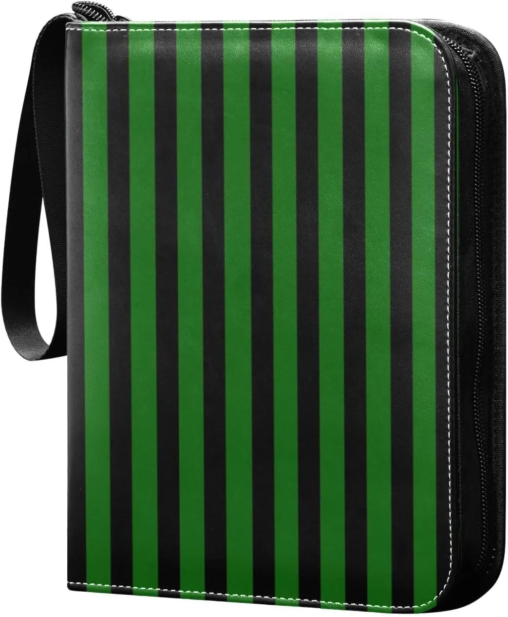 Green Black Stripes Card Binder 4 Pocket Trading Card Album Fits 400 Sports/Game Cards, PU Cover 3 Ring Card Collection with 50 Removable Sleeves
