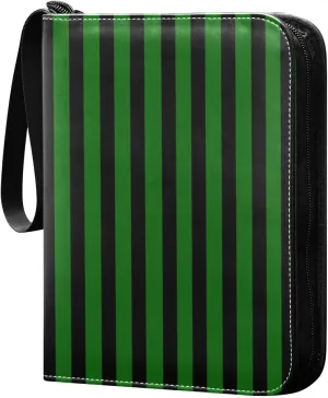 Green Black Stripes Card Binder 4 Pocket Trading Card Album Fits 400 Sports/Game Cards, PU Cover 3 Ring Card Collection with 50 Removable Sleeves