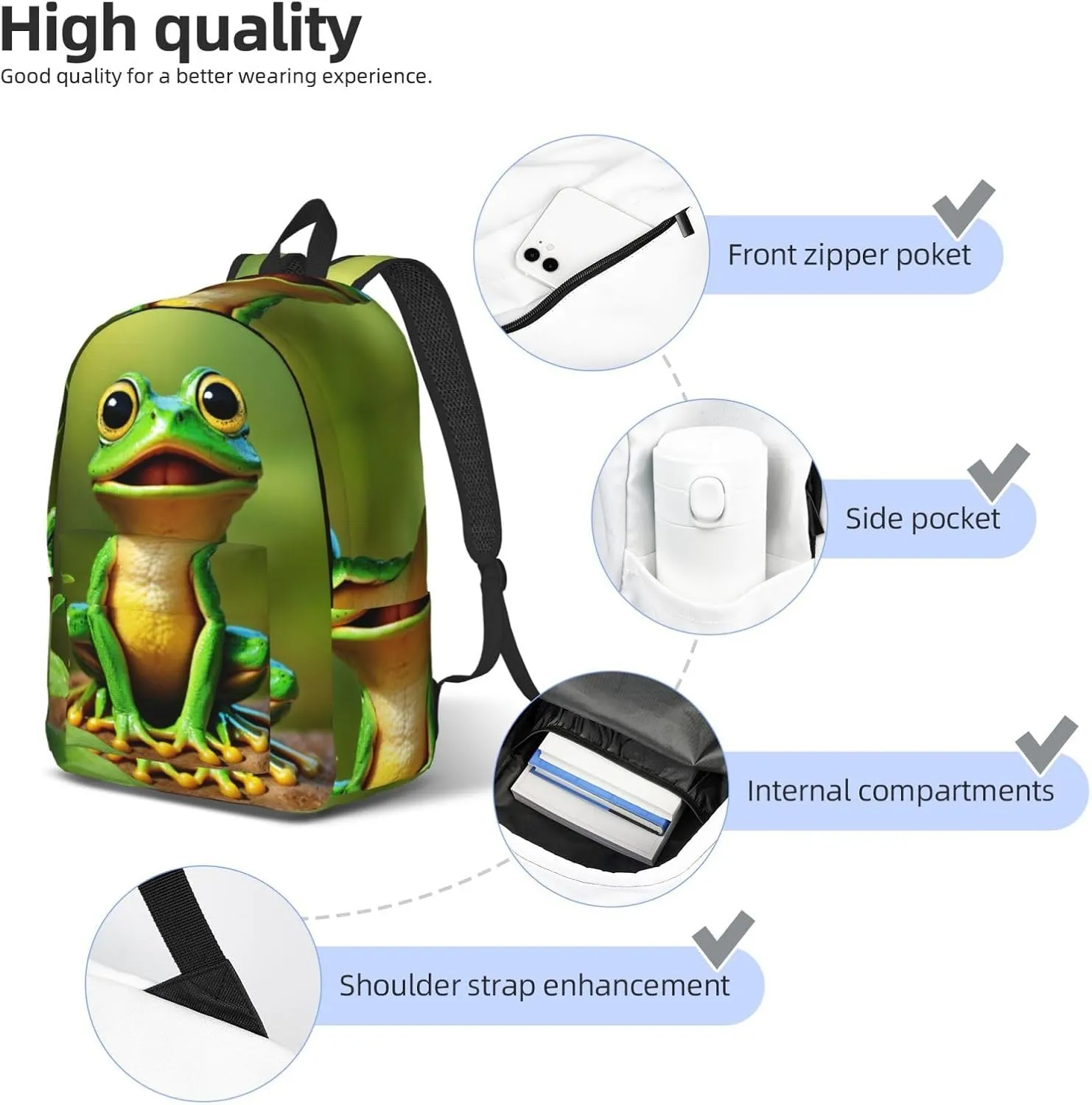 Green Frog Print Vintage Canvas Backpack,Travel Bag,Stylish And Lightweight With Multiple Pockets