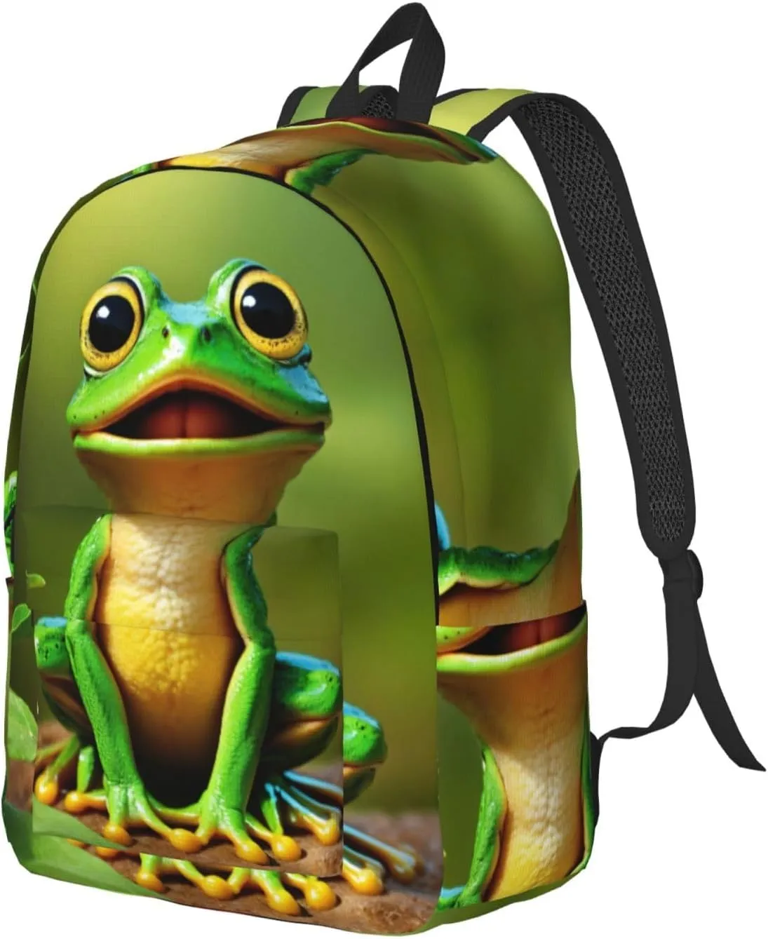 Green Frog Print Vintage Canvas Backpack,Travel Bag,Stylish And Lightweight With Multiple Pockets