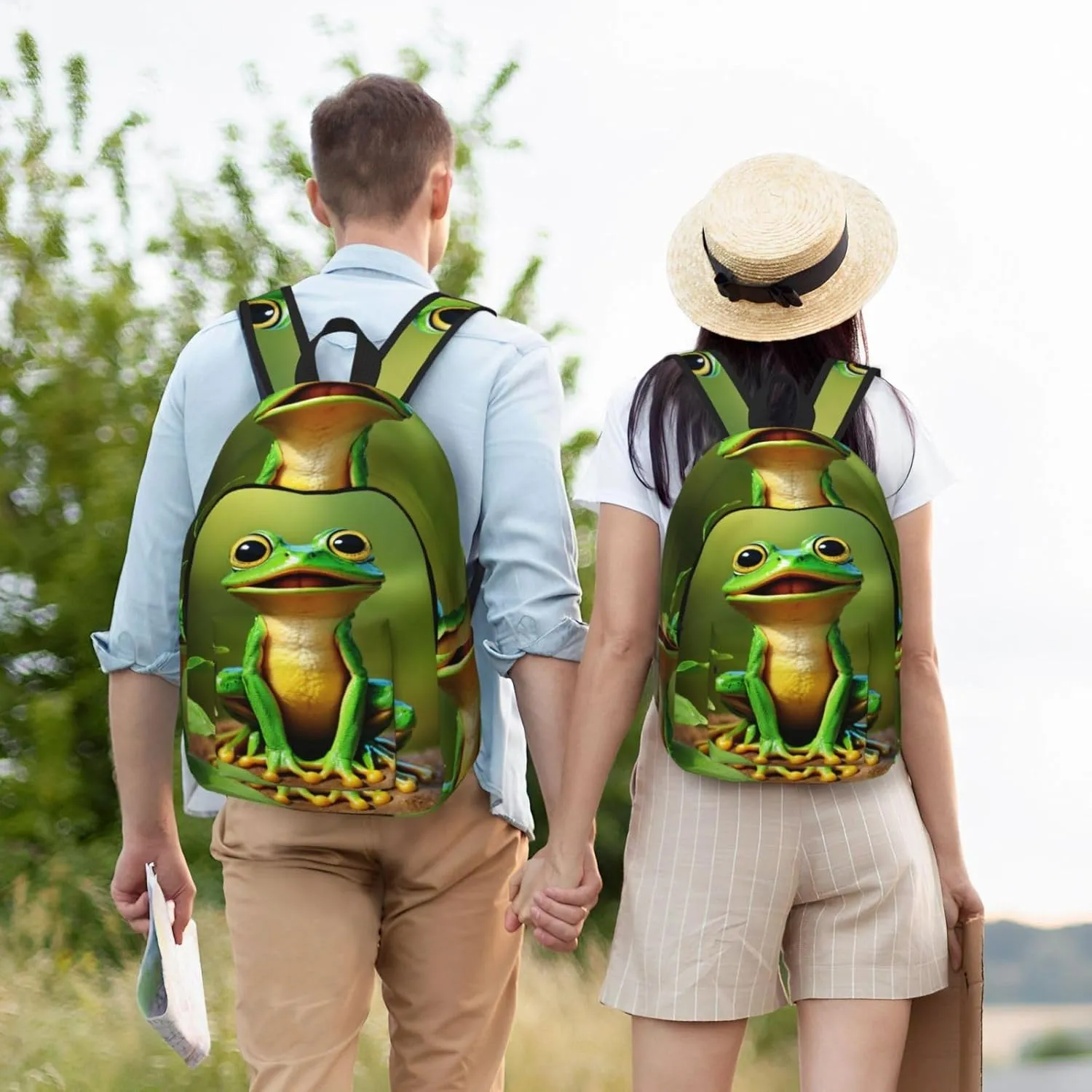 Green Frog Print Vintage Canvas Backpack,Travel Bag,Stylish And Lightweight With Multiple Pockets