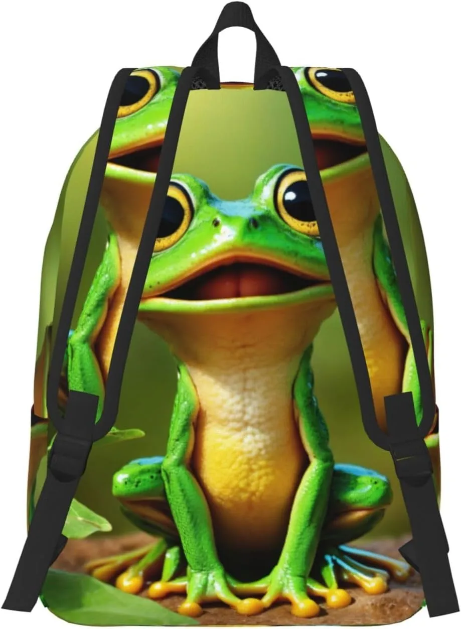 Green Frog Print Vintage Canvas Backpack,Travel Bag,Stylish And Lightweight With Multiple Pockets