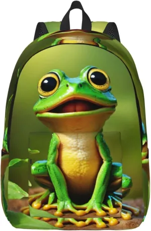 Green Frog Print Vintage Canvas Backpack,Travel Bag,Stylish And Lightweight With Multiple Pockets