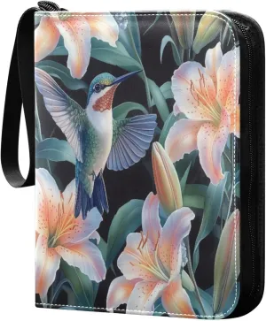 Green Hummingbirds with Colorful Lily Flowers Cards Binder 4 Pocket Fits 400 Cards with 50 Removable Sleevesves, Trading Card Collector Zipper Album Holder Portable Card Games Display Storage Cases