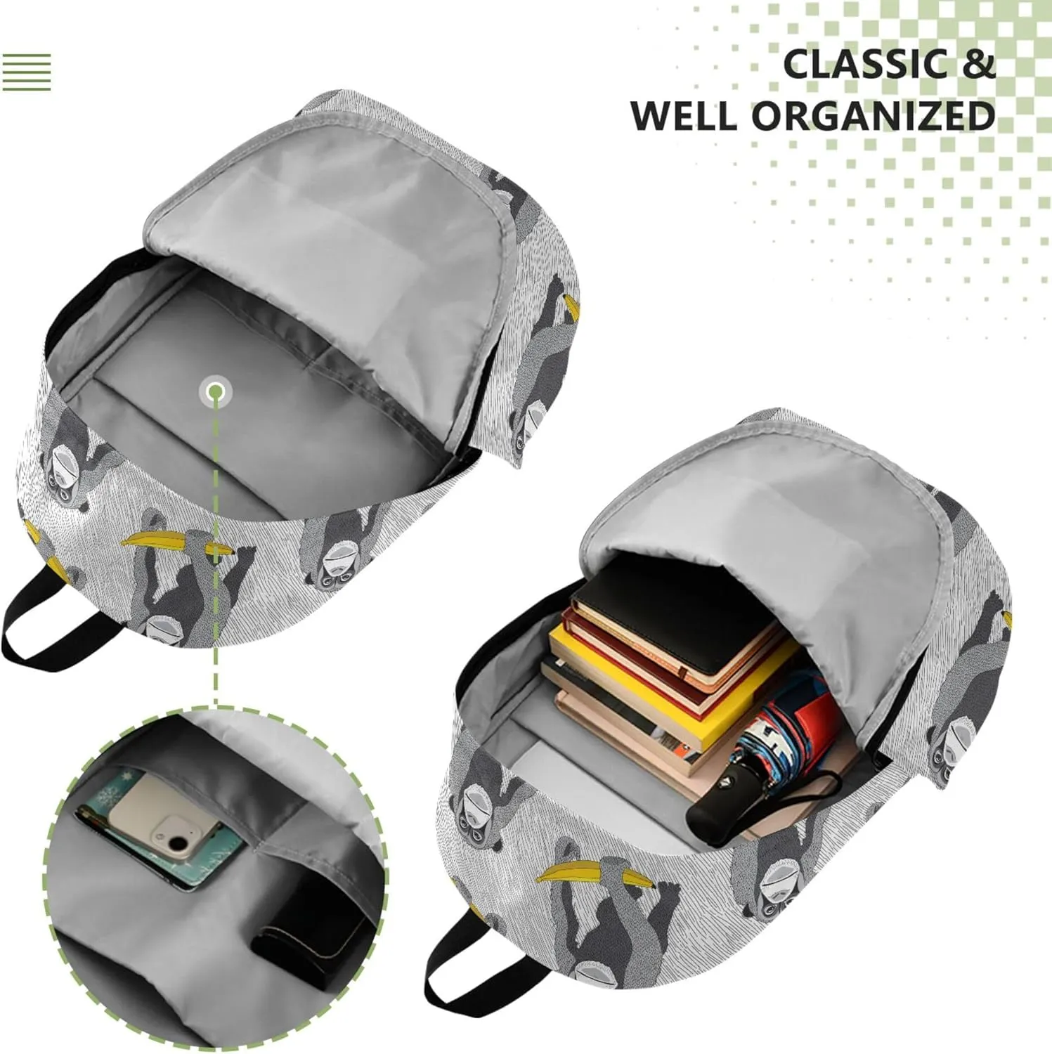 Grey Monkey Banana Laptop Backpack Travel Hiking Camping Work Computer Back Packs Book Bags for Women Men