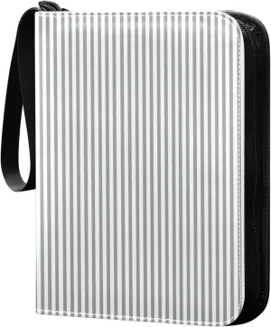 Grey White Stripes Card Binder 4 Pocket Trading Card Album Fits 400 Sports/Game Cards, PU Cover 3 Ring Card Collection with 50 Removable Sleeves