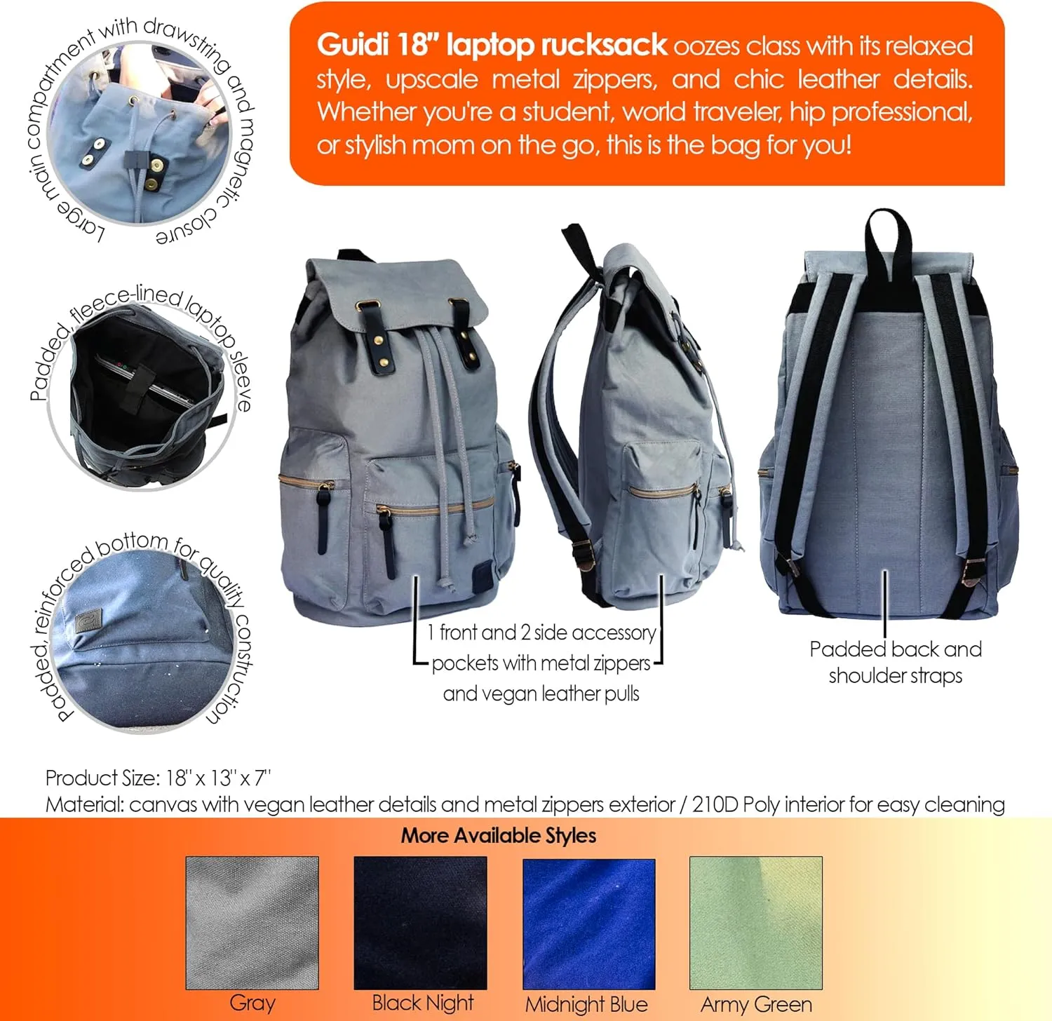 GUIDI 18" Rucksack Gray Backpack, BAZIC x SYDNEY Fashion Backpack Shoulder Bag Casual Travel Bag Hiking Daypack