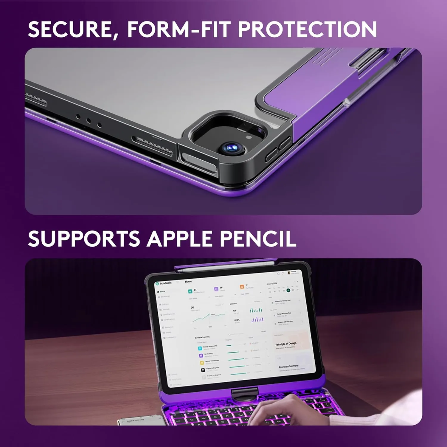 GUSGU Transparent Case with Wireless Keyboard for iPad 11th Gen 11-in.(A16, 2025), 2022 iPad 10th Gen 10.9-in, 7 Colors Backlight, Trackpad, 360°Rotating Stand, Tech Style